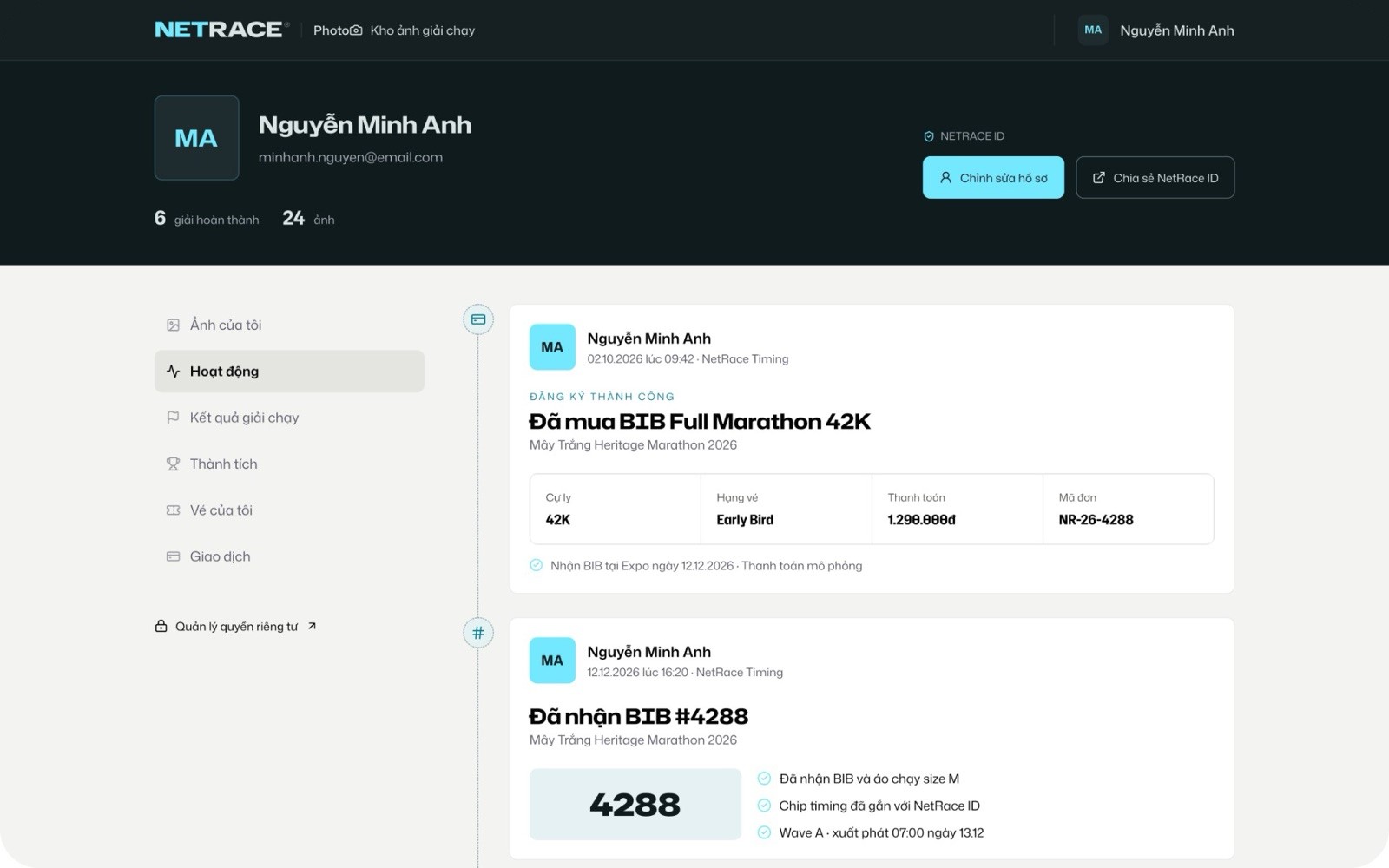 Hồ sơ NetRace ID của một người chạy